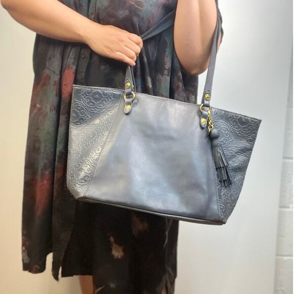 The Sak Collective Sienna Leather Shopper Blue Tooled Tote Bag - Picture 5 of 10